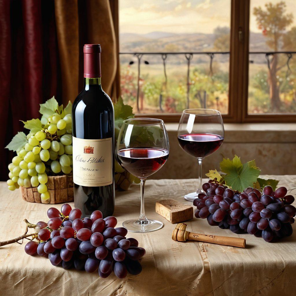 A beautifully arranged still life featuring a wine bottle and glasses on a textured canvas tablecloth, surrounded by grapes and corks. Artistic brush strokes blend warm golden tones with the deep reds of wine, creating a cozy yet elegant atmosphere. Incorporate subtle hints of nature, like grapevines and a soft light streaming through a window. This image should capture the essence of wine appreciation intertwined with artistic expression. super-realistic. vibrant colors. elegant composition.