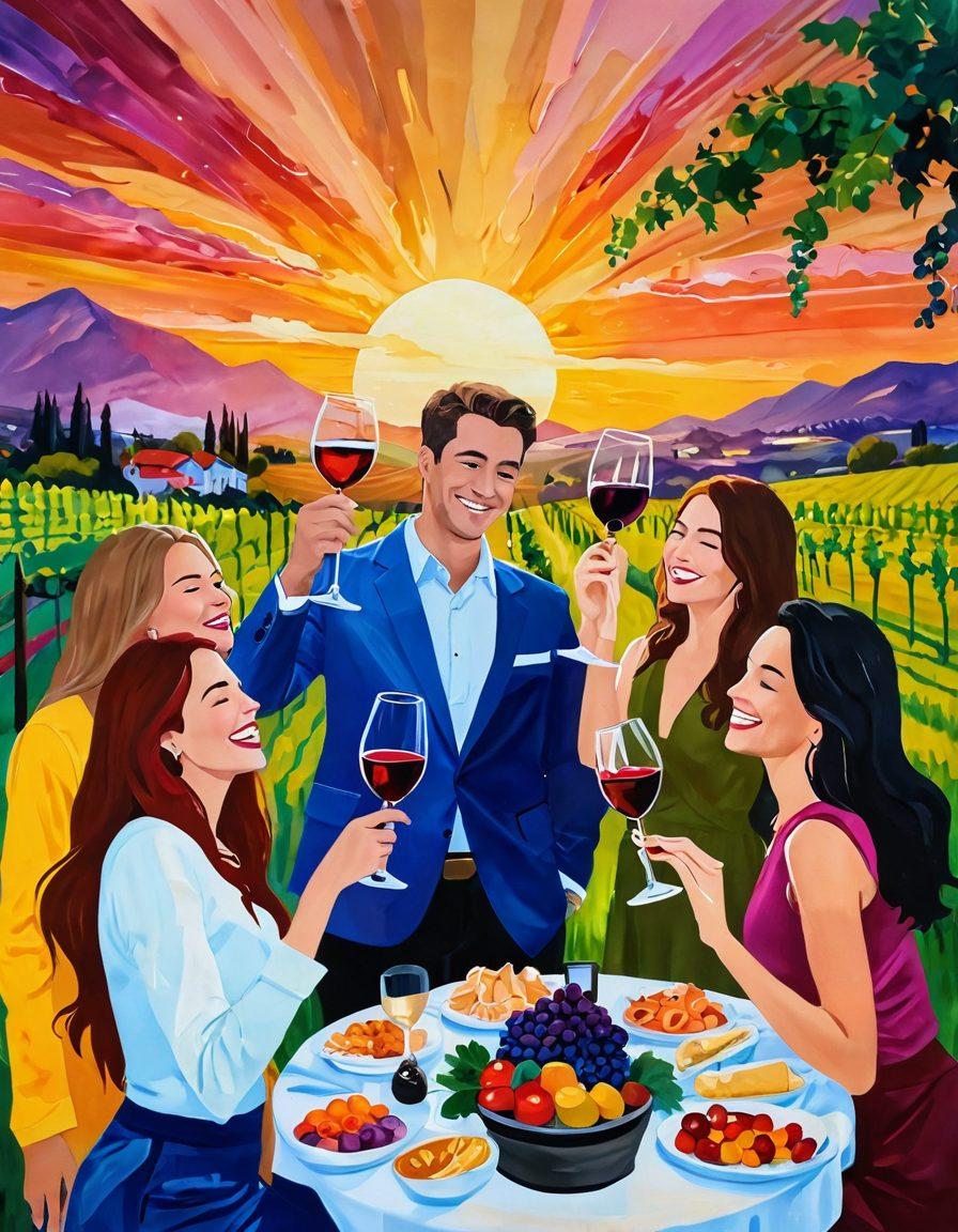 A vibrant art scene featuring a group of friends clinking wine glasses, surrounded by colorful abstract art pieces. A lush vineyard can be seen in the background under a golden sunset, creating a cheerful and celebratory atmosphere. The friends are laughing and enjoying elegant appetizers, emphasizing the joy of wine and art together. add elements like paintbrushes and palettes scattered amongst the conversation. surrealism. vivid colors. warm tones.