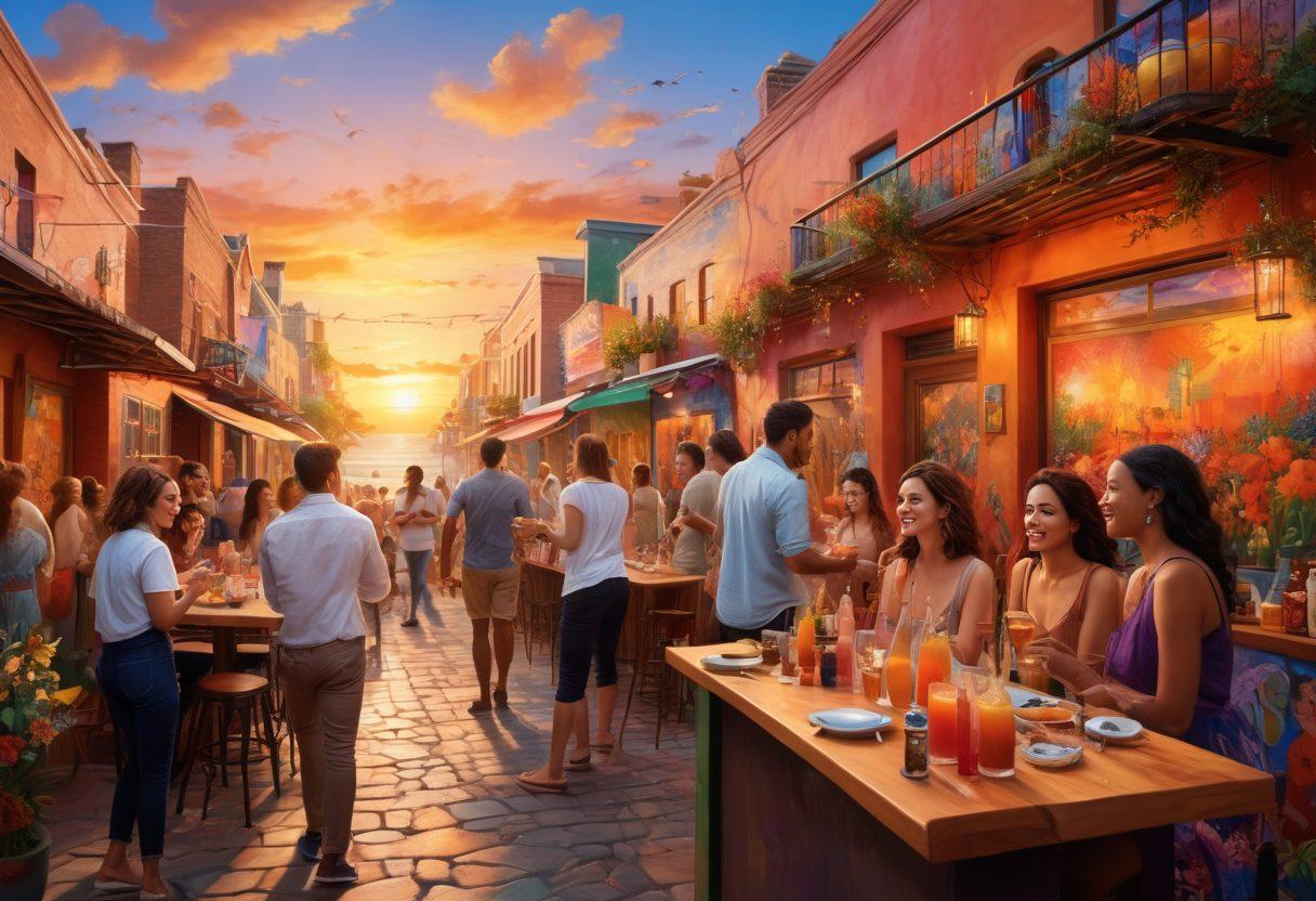 A vibrant celebration scene featuring a diverse group of people enjoying art-inspired beverages, surrounded by colorful murals and artistic installations. Include details like paintbrushes, vibrant cocktails, and laughter in the air, with a sunset backdrop creating a warm atmosphere. The scene should embody joy, creativity, and cultural fusion. super-realistic. vibrant colors. 3D.